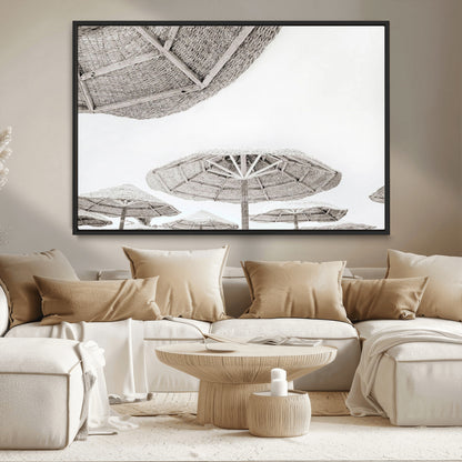 97043123-MGV-CV-36X24-Beach Umbrella Wall Art – Minimalist Coastal Canvas Print, Woven Parasol Summer Decor for Bedroom, Living Room, or Modern Beach