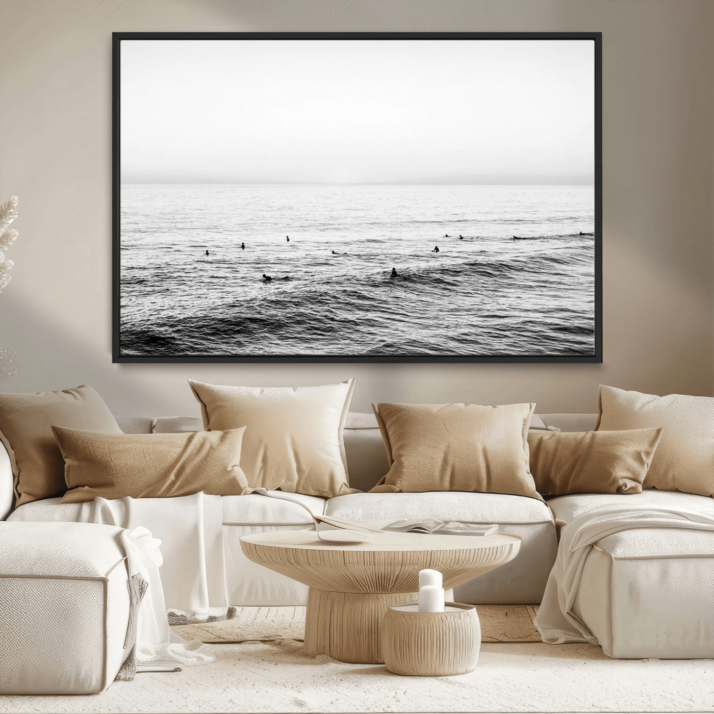 47208268-MGV-CV-36X24-Surfer Ocean Wall Art – Black and White Coastal Canvas Print, Minimalist Surfing Seascape Decor for Living Room, Bedroom, or Beach
