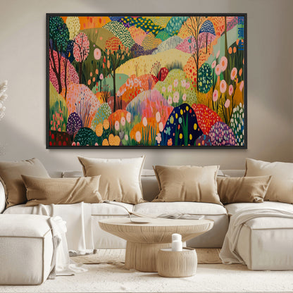 79636380-MGV-CV-36X24-Colorful Abstract Landscape Wall Art – Vibrant Hills and Flowers Canvas Print, Modern Whimsical Artwork for Living Room, Bedroom,