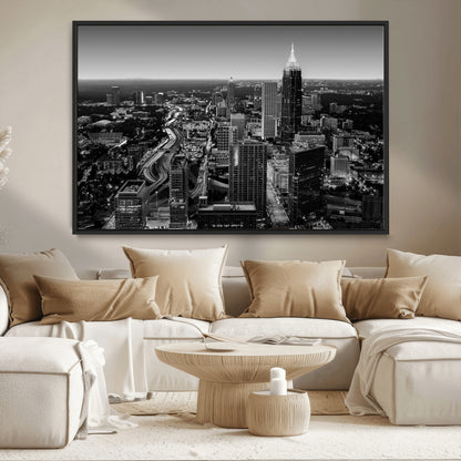 46578567-MGV-CV-36X24-Atlanta Skyline Wall Art – Black and White Cityscape Canvas Print, Modern Urban Night Decor for Office, Living Room, or Apartment