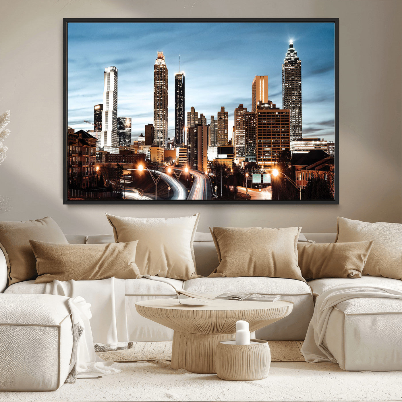 23859158-MGV-CV-36X24-Atlanta Skyline Wall Art – Modern Cityscape Canvas Print with Night Lights and Traffic Trails, Urban Decor for Office, Apartment,