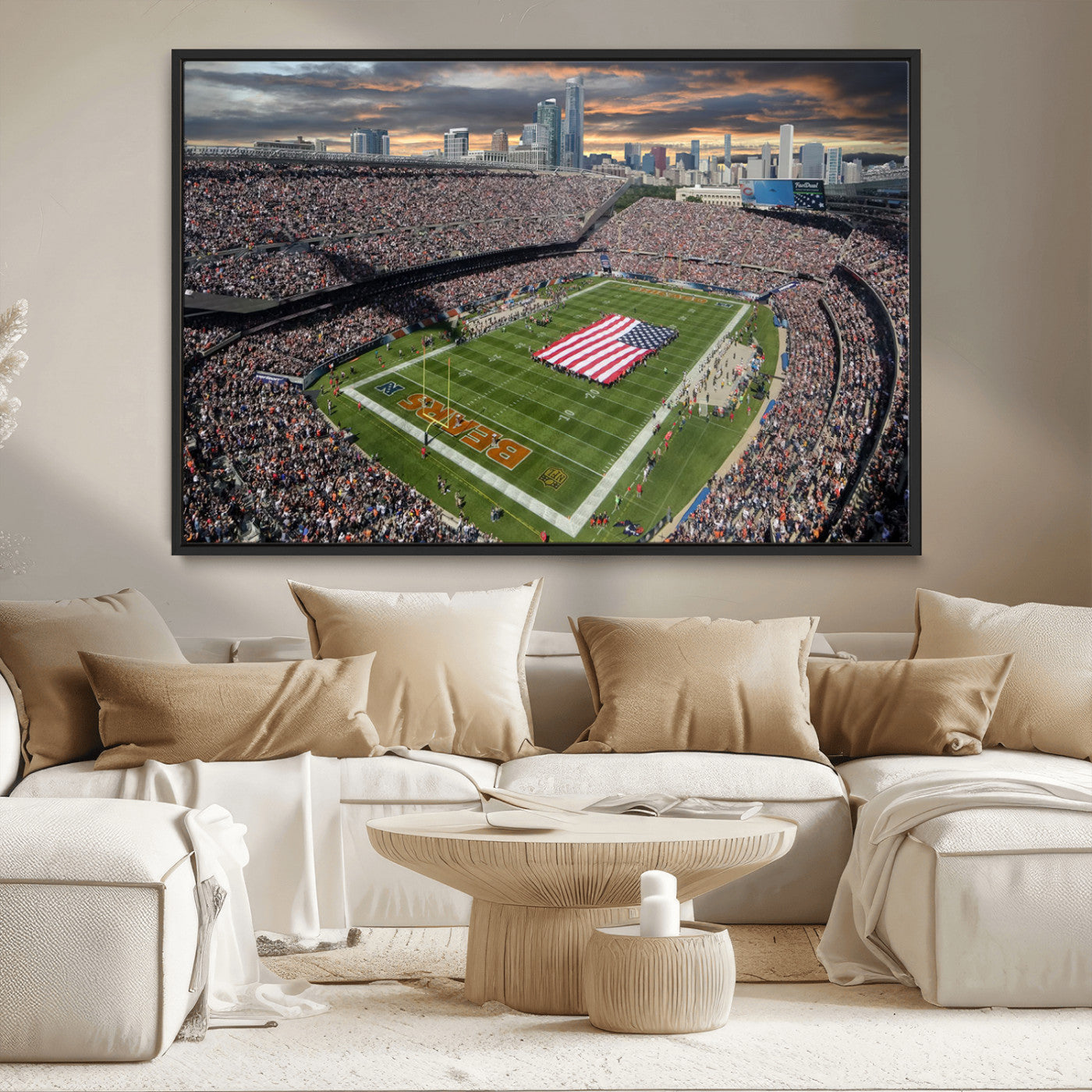98106777-MGV-FC-36X24_Black-Soldier Field Wall Art – Chicago Bears Stadium Canvas Print with American Flag, Game Day Football Decor for Man Cave, Bar, or
