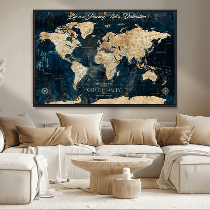 36970886-MGV-FC-36X24_Black-Life is a Journey Not a Destination World Map Rustic Navy Beige Vintage Travel Wall Art Adventure Quote Canvas Print for Home