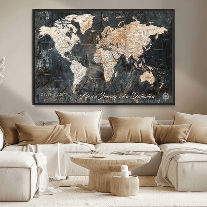 37848568-MGV-FC-36X24_Black-Life is a Journey Not a Destination World Map Rustic Wood Texture Vintage Beige Navy Adventure Wall Art Canvas Print for Home