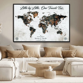 88337180-MGV-FC-36X24_Black-Little by Little One Travels Far Tolkien Quote World Map Rustic Black Brown Adventure Wall Art Canvas Print for Home Office Living