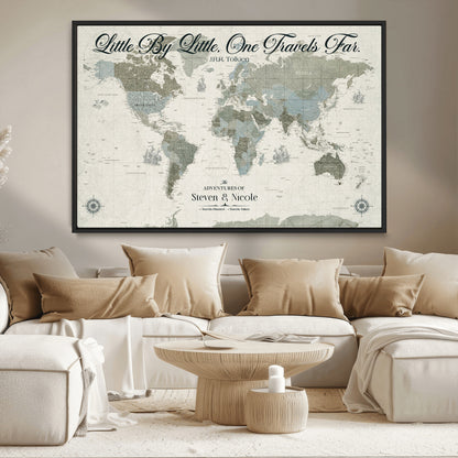 10693204-MGV-FC-36X24_Black-Little By Little One Travels Far Tolkien Quote Blue Green World Map Adventure Wall Art Canvas Print Rustic Wanderlust Travel Decor