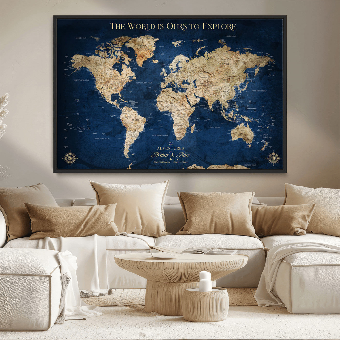 54782997-MGV-CV-36X24-The World is Ours to Explore Wall Art – Blue World Map Canvas Print, Adventure Travel Decor for Home, Office or Living Room,