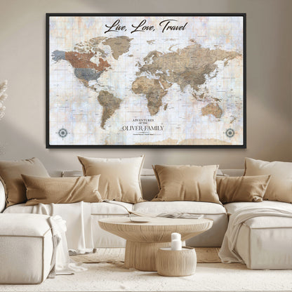 43924907-MGV-CV-36X24-Live Love Travel Wall Art – Neutral World Map Canvas Print, Rustic Adventure Decor for Home, Office or Living Room, Unique Gift