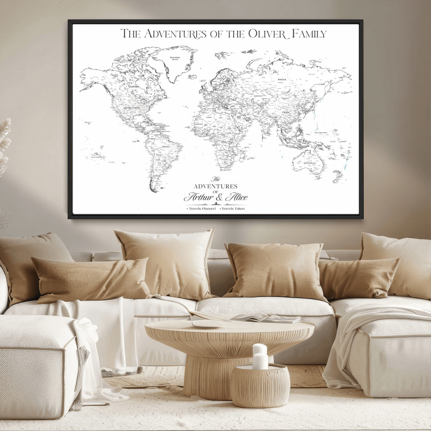 21029247-MGV-FC-36X24_Black-Minimalist World Map Wall Art – Black and White Travel Adventure Print, Modern Family Travel Map Decor for Living Room, Bedroom,