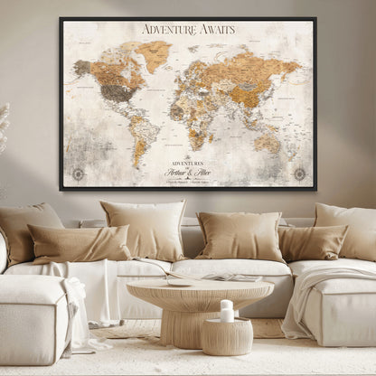 99422096-MGV-CV-36X24-Adventure Awaits World Map Wall Art – Neutral Beige Canvas Print, Modern Travel Inspired Wall Decor for Living Room, Bedroom or