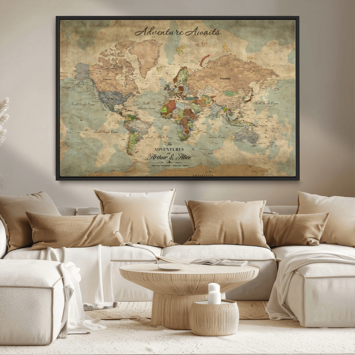 60798273-MGV-CV-36X24-Personalized World Map Wall Art – Rustic Watercolor Adventure Travel Map with Custom Names, Push Pin Canvas for Couples, Family,