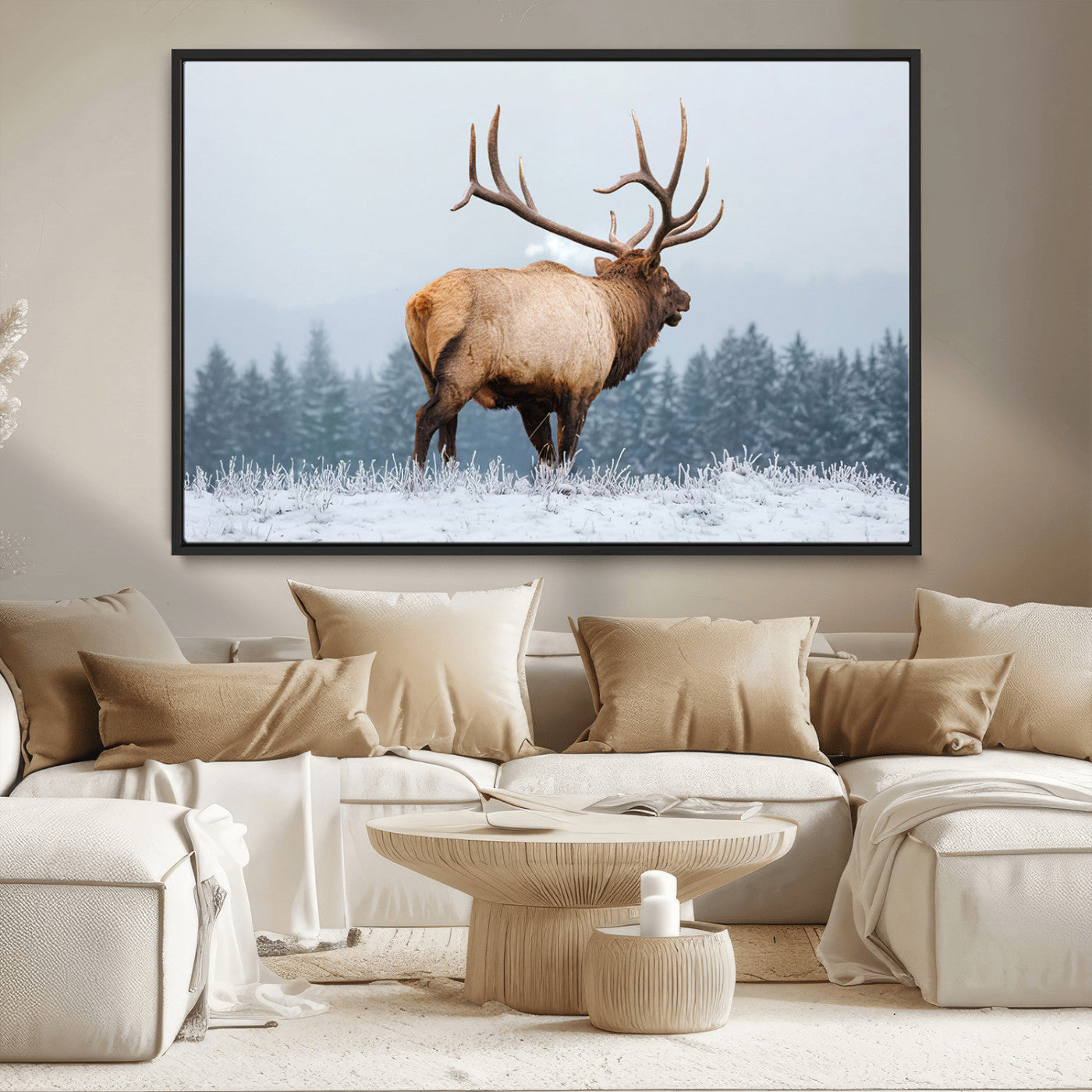 85177251-MGV-CV-36X24-Elk Wall Art – Majestic Wildlife Canvas Print of Bull Elk Snowy Forest, Rustic Nature Decor for Living Room, Cabin, or Office