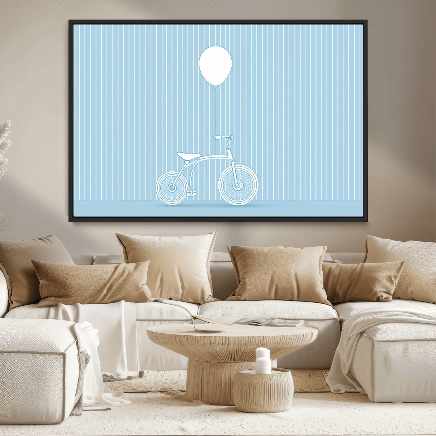 56479838-MGV-CV-36X24-Bicycle Wall Art – Minimalist Blue Canvas Print with Balloon Illustration, Modern Decor Artwork for Kids Room, Nursery, or Living