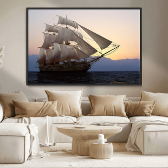 31270610-MGV-CV-36X24-Sailing Ship Wall Art – Sunset Seascape Canvas Print with Tall Ship at Sea, Nautical Ocean Decor for Living Room, Office, or