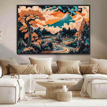 21638941-MGV-CV-36X24-Japanese Landscape Wall Art – Mount Fuji and Flowing River Ukiyo-e Style Canvas Print, Traditional Japan Inspired Artwork for