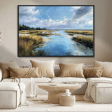 87082041-MGV-CV-36X24-Marshland Landscape Wall Art – Serene Nature Canvas Print with Blue Sky and Reflections, Tranquil Scenic Painting for Living Room,