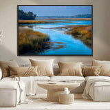 26300004-MGV-CV-36X24-Marshland Landscape Wall Art – Scenic Nature Canvas Print with Golden Grass and Blue Water, Peaceful River Photography for Living