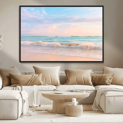 88024944-MGV-CV-36X24-Beach Landscape Wall Art – Coastal Ocean Canvas Print with Gentle Waves and Pastel Sky, Serene Seascape Photography for Living
