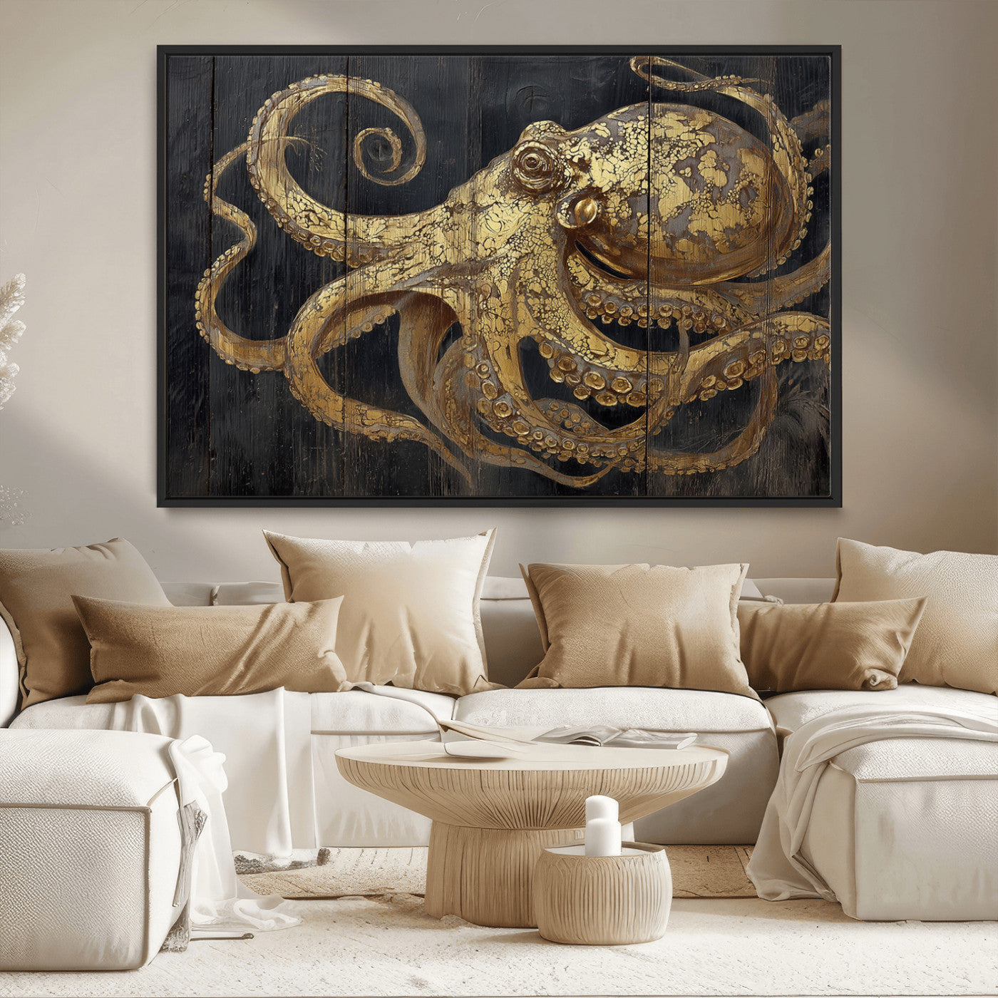 47056538-MGV-CV-36X24-Octopus Canvas Wall Art – Gold Detail, Wooden Texture, Marine Life, Ocean Creature Tentacles, Nautical Coastal Rustic Decor for