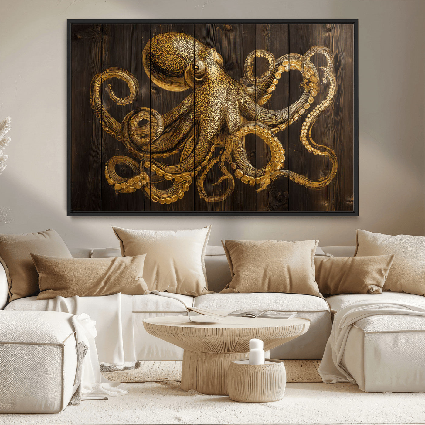 56769669-MGV-CV-36X24-Octopus Wall Art – Gold Nautical Canvas Print with Rustic Wood Panel Design, Detailed Marine Artwork for Coastal Ocean Decoration