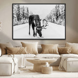 38956835-MGV-CV-36X24-Moose Wall Art – Black and White Wildlife Canvas Print with Snowy Forest Road, Rustic Nature Photography for Cabin, Lodge, Living