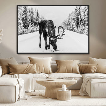 38956835-MGV-CV-36X24-Moose Wall Art – Black and White Wildlife Canvas Print with Snowy Forest Road, Rustic Nature Photography for Cabin, Lodge, Living