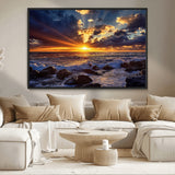 35900590-MGV-CV-36X24-Sunset Ocean Waves Canvas Wall Art – Rocky Shore, Dramatic Sky, Golden Sun Rays, Coastal Beauty, Serene Water Motion for Living