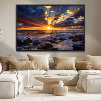 35900590-MGV-CV-36X24-Sunset Ocean Waves Canvas Wall Art – Rocky Shore, Dramatic Sky, Golden Sun Rays, Coastal Beauty, Serene Water Motion for Living