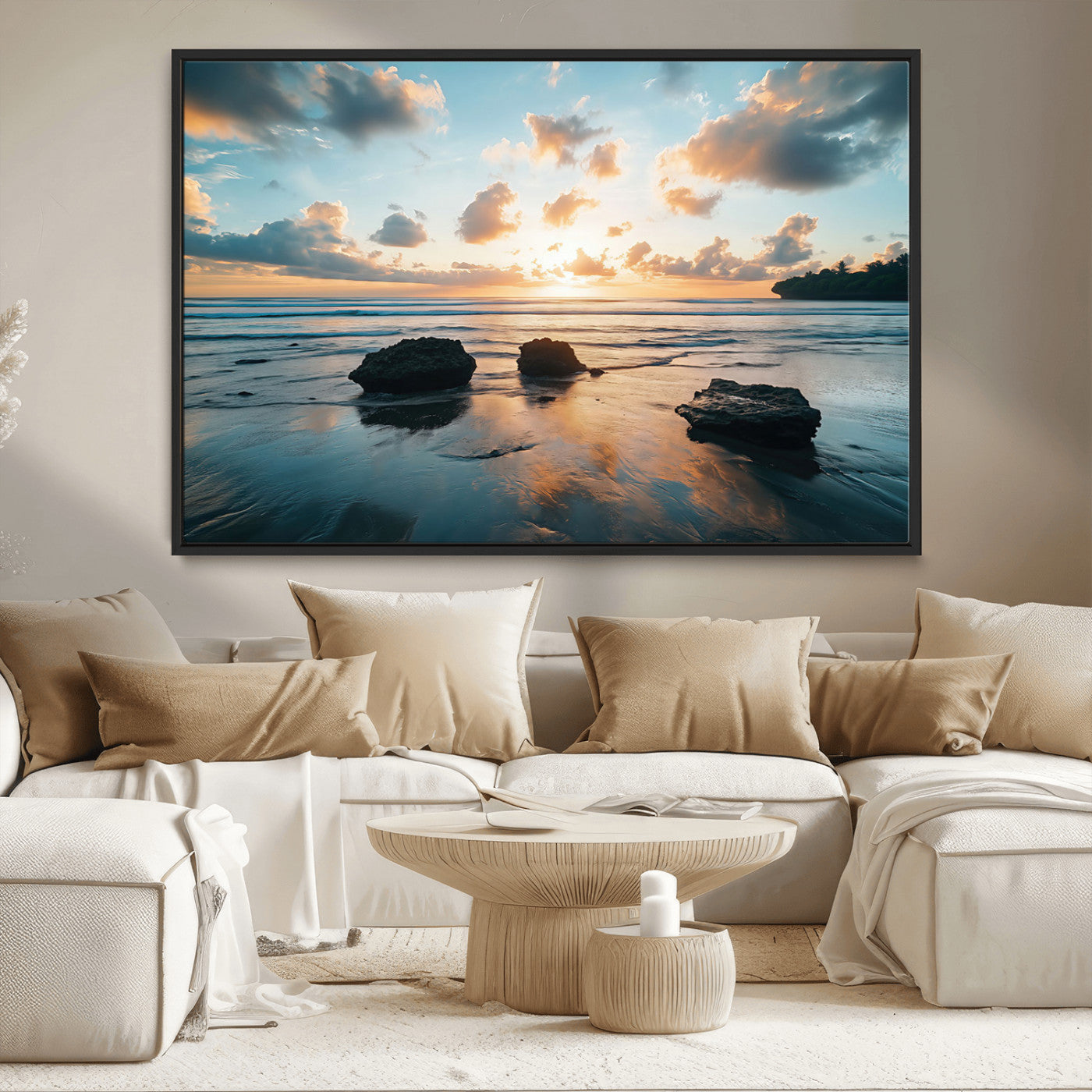 23879436-MGV-CV-36X24-Rocky Ocean Sunset Canvas Wall Art – Seaside Dramatic Seascape, Ocean Sunset Art Print for Coastal Modern Decor for Nature
