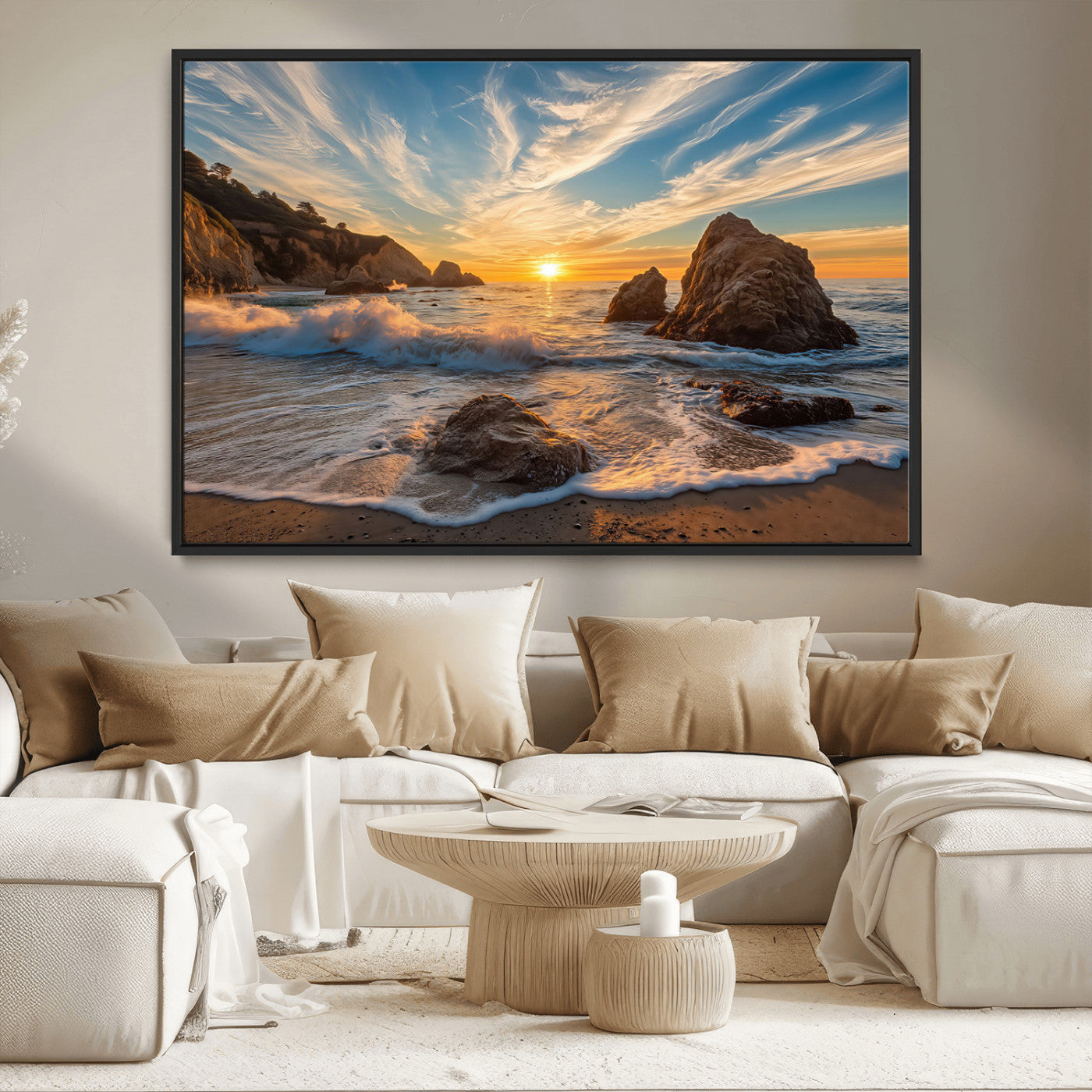 85659923-MGV-CV-36X24-Rocky Ocean Sunset Canvas Wall Art – Seaside Dramatic Seascape Print, Coastal Modern Decor, Ocean Sunset Art for Living Room or