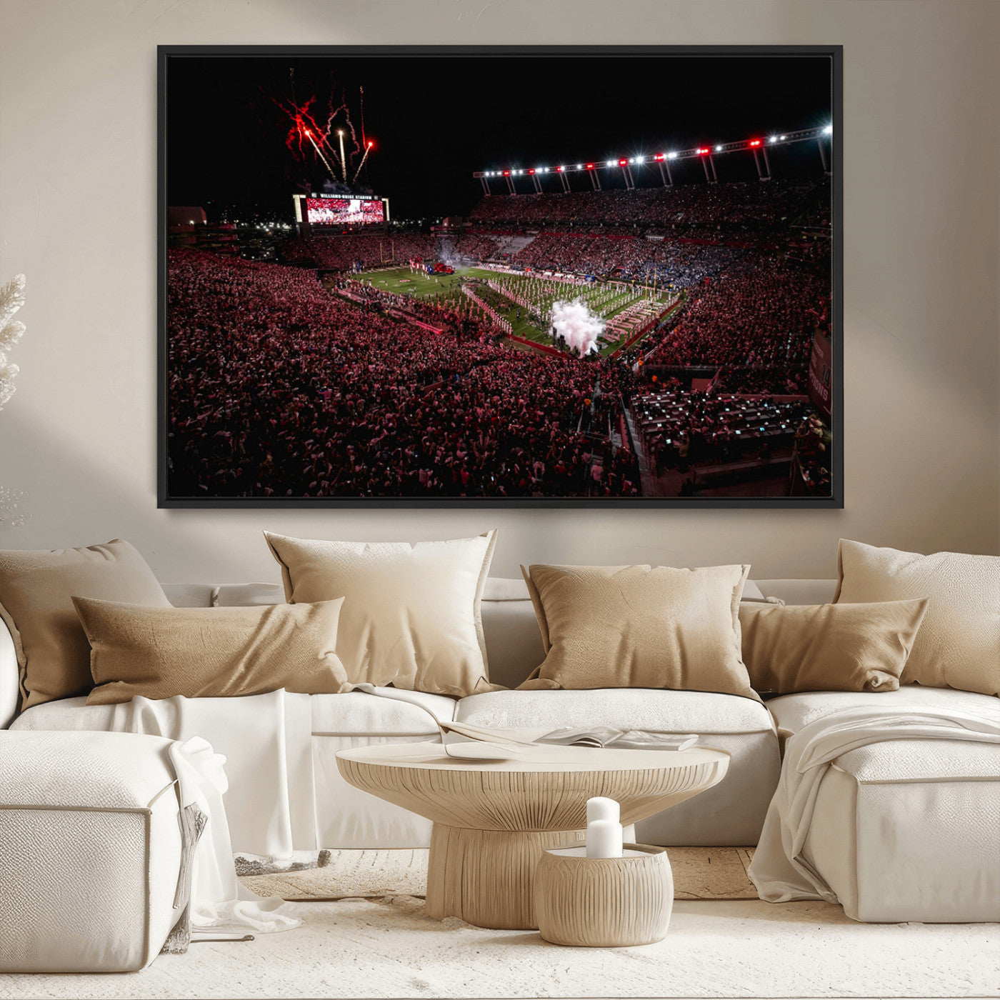 60690191-MGV-CV-36X24-Stadium Wall Art – Night Game Football Canvas Print with Fireworks, Marching Band and Crowd, Panoramic Sports Photography for Man