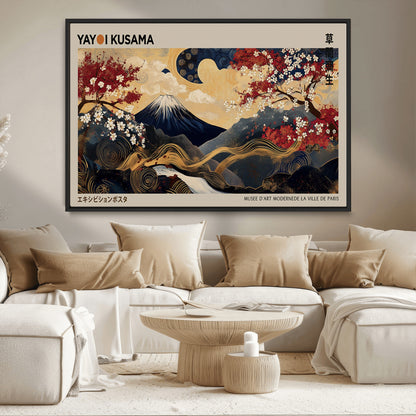 66892669-MGV-CV-36X24-Yayoi Kusama Japanese Inspired Canvas Print – Mt. Fuji & Floral Scene Wall Art, Framed Asian Style Canvas for Home, Office or