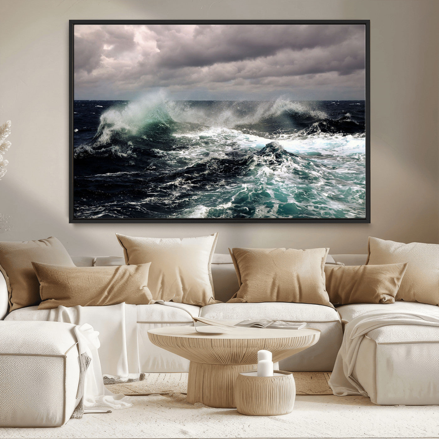38622353-MGV-CV-36X24-Stormy Ocean Waves Canvas Wall Art – Framed Turbulent Sea Print, Large Nature Canvas for Coastal, Living Room, or Office Spaces