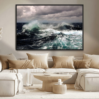 38622353-MGV-CV-36X24-Ocean Wave Wall Art – Dramatic Seascape Canvas Print with Stormy Sky and Crashing Sea, Bold Coastal Photography for Living Room,
