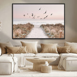 34632598-MGV-CV-36X24-Coastal Pathway Canvas Wall Art – Framed Seaside Landscape, Large Beach and Birds Canvas Print for Home, Office, or Living Room