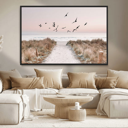 34632598-MGV-CV-36X24-Beach Pathway Wall Art – Coastal Canvas Print with Sandy Trail, Flying Birds and Pastel Sky, Serene Ocean Landscape Photography