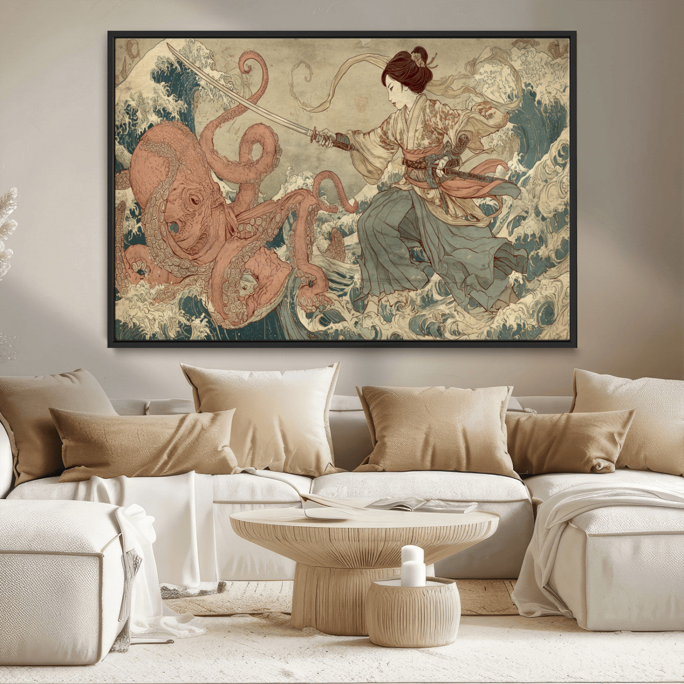 54879547-MGV-CV-36X24-Tsukioka Yoshitoshi Samurai Wall Art Print, Japanese Katana Warrior Canvas Wall Art, Octopus Sea Monster Canvas Print,