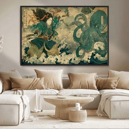 24416422-MGV-CV-36X24-Samurai vs Octopus Wall Art – Japanese Warrior Ocean Battle Canvas Print, Ukiyo e Inspired Decor for Home, Office, or Man Cave