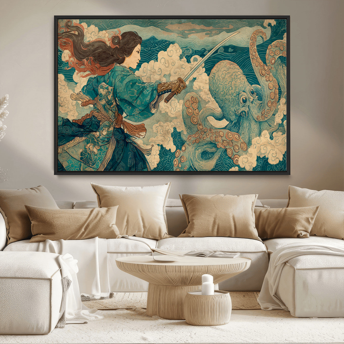 37943964-MGV-CV-36X24-Samurai Warrior vs Octopus Wall Art – Japanese Ukiyo-e Style Canvas Print, Ocean Battle Scene Artwork for Living Room, Office, Man