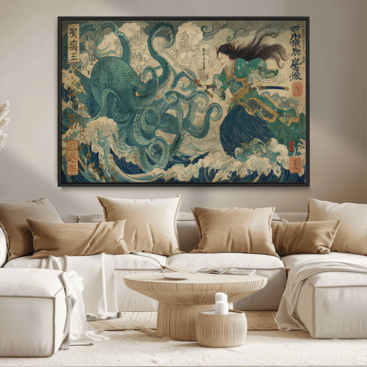 60346622-MGV-CV-36X24-Tsukioka Yoshitoshi Samurai Wall Art Print, Japanese Katana Warrior Canvas Wall Art, Octopus Sea Monster Canvas Print,