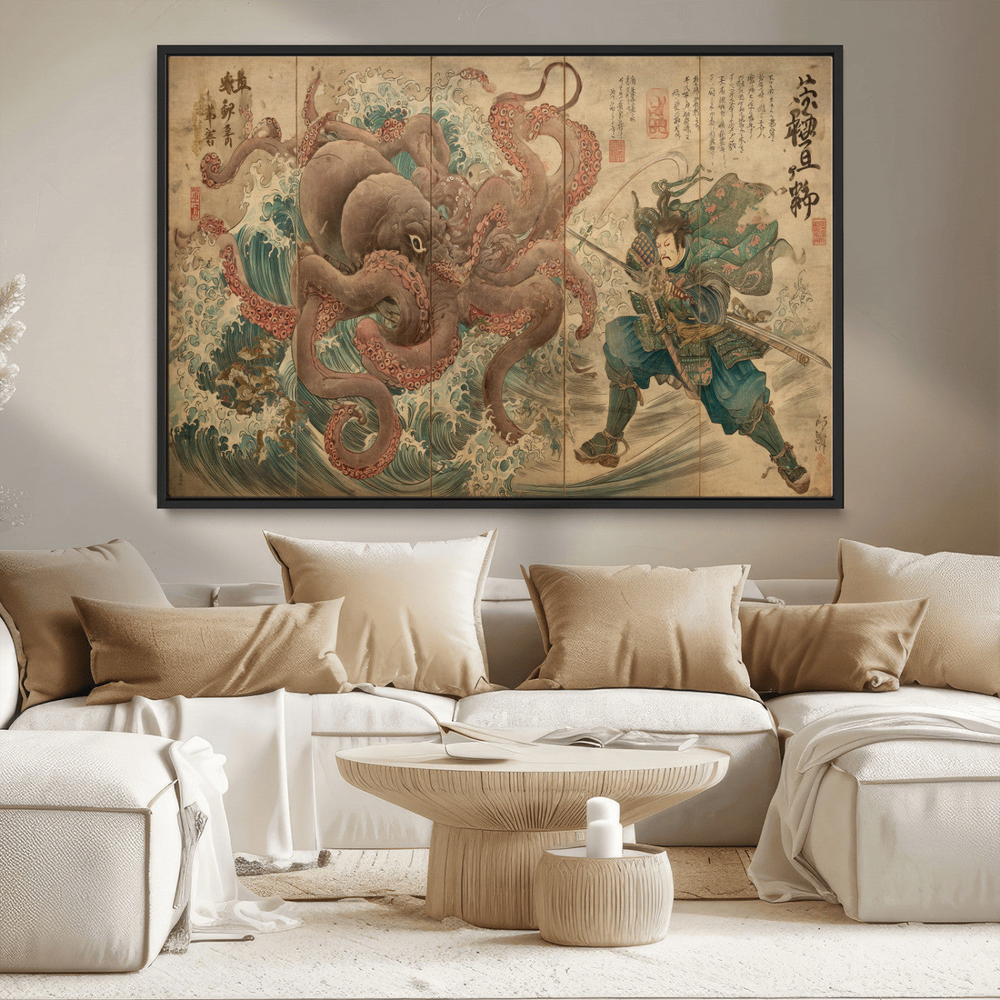 63782167-MGV-CV-36X24-Tsukioka Yoshitoshi Samurai Wall Art Print, Japanese Katana Warrior Canvas Wall Art, Octopus Sea Monster Canvas Print,