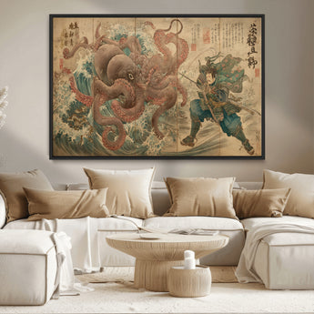 63782167-MGV-CV-36X24-Tsukioka Yoshitoshi Samurai Wall Art Print, Japanese Katana Warrior Canvas Wall Art, Octopus Sea Monster Canvas Print,
