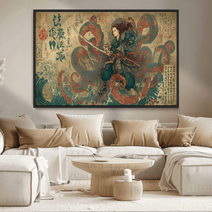 98593115-MGV-CV-36X24-Tsukioka Yoshitoshi Samurai Wall Art Print, Japanese Katana Warrior Canvas Wall Art, Octopus Sea Monster Canvas Print,