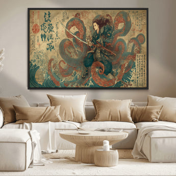 98593115-MGV-CV-36X24-Samurai Warrior vs Octopus Wall Art – Japanese Ukiyo-e Calligraphy Canvas Print, Ocean Battle Scene Artwork for Living Room,