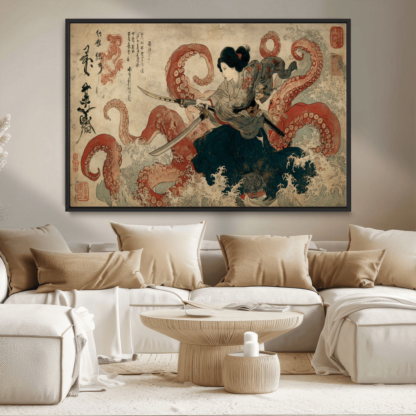 50812504-MGV-CV-36X24-Tsukioka Yoshitoshi Samurai Wall Art Print, Japanese Katana Warrior Canvas Wall Art, Octopus Sea Monster Canvas Print,