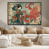 68844327-MGV-CV-36X24-Tsukioka Yoshitoshi Samurai Wall Art Print, Japanese Katana Warrior Canvas Wall Art, Octopus Sea Monster Canvas Print,