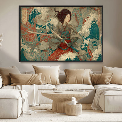 63377977-MGV-CV-36X24-Tsukioka Yoshitoshi Samurai Wall Art Print, Japanese Katana Warrior Canvas Wall Art, Octopus Sea Monster Canvas Print,