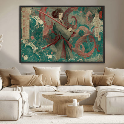 91666601-MGV-CV-36X24-Samurai Woman vs Octopus Wall Art – Japanese Ukiyo-e Green Robe Canvas Print, Ocean Battle Artwork for Living Room, Office, Man