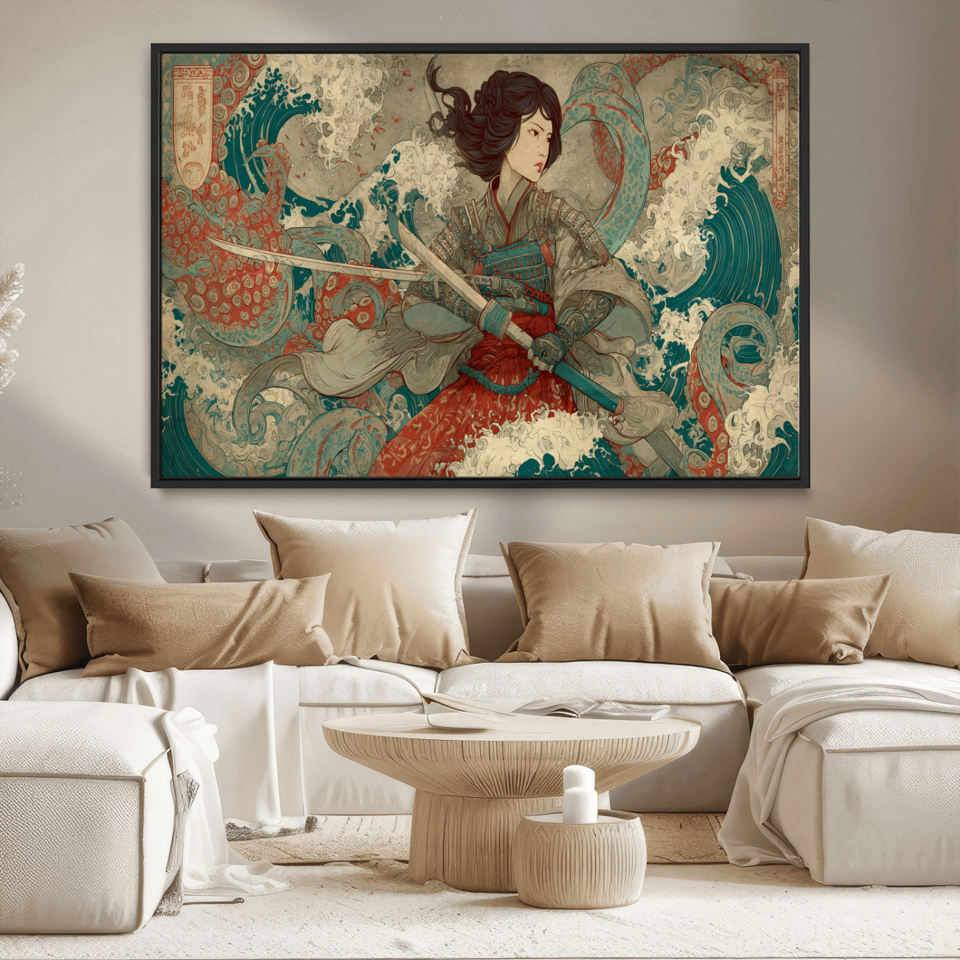 37797255-MGV-CV-36X24-Samurai Woman vs Octopus Wall Art – Japanese Ukiyo-e Red Armor Ocean Battle Canvas Print, Warrior Artwork for Living Room, Office,