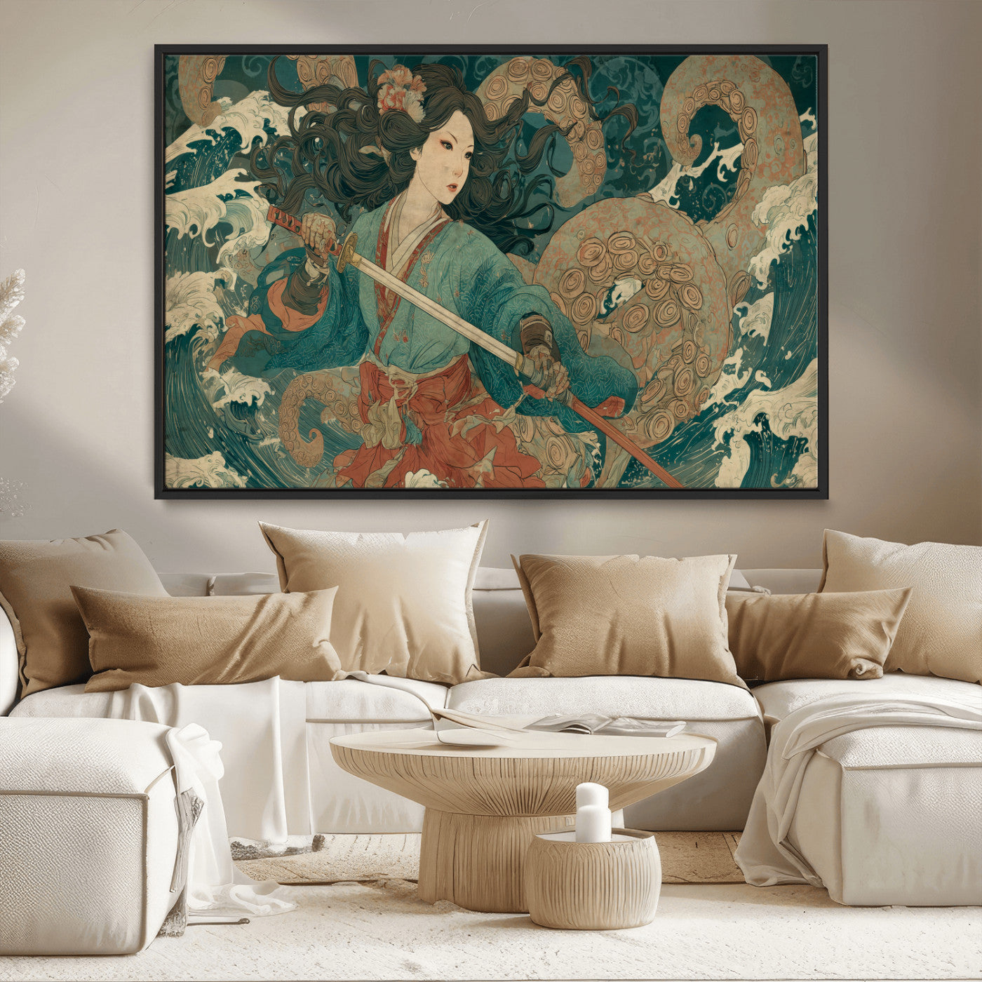 79740258-MGV-CV-36X24-Samurai Woman vs Octopus Wall Art – Japanese Ukiyo-e Blue Kimono Canvas Print, Ocean Battle Artwork for Living Room, Office, Man